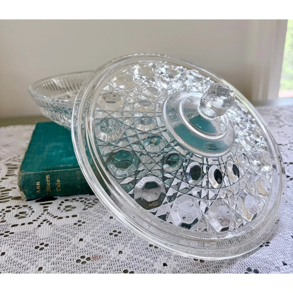 Vintage Federal Glass Candy Dish with Lid Diamond Thumbprint Pattern